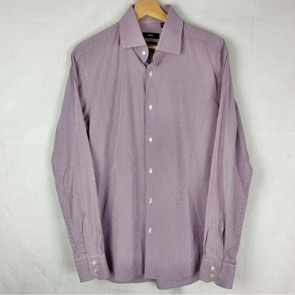 HUGO‎ BOSS Gerald Dress Shirt Checked Large 42/16.5 Regular Fit Purple White